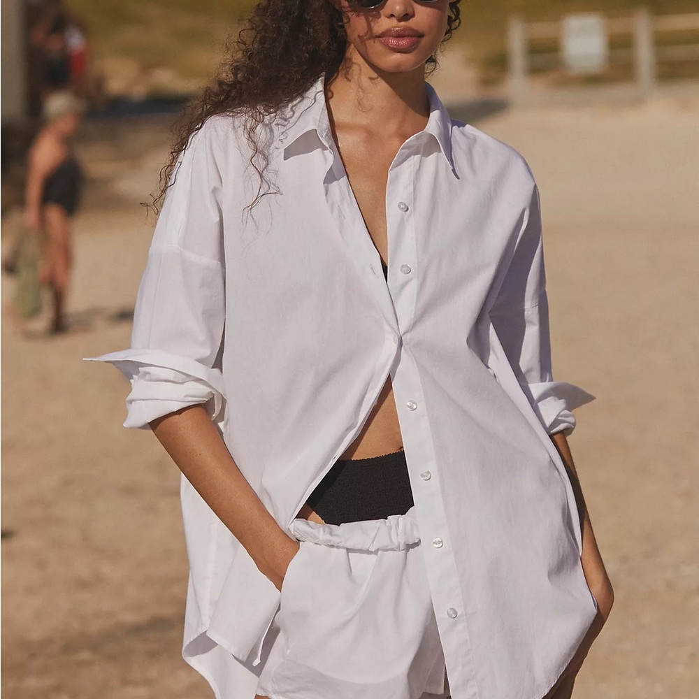 White Button-Up Anthropologie Poplin Set shorts and button down shirt